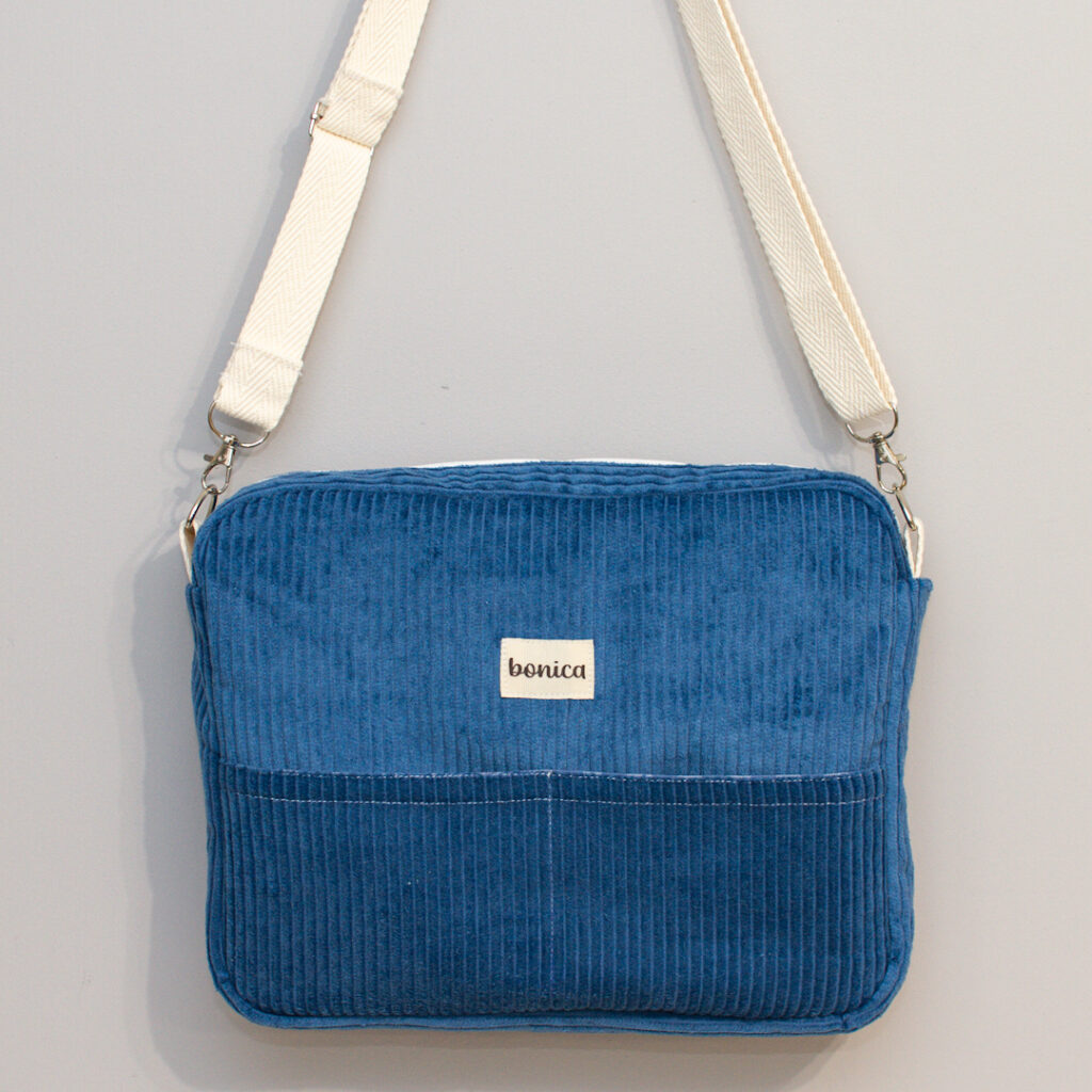 Bolso bandolera artesanal Pana Azul Petróleo hecho a mano en tela de pana