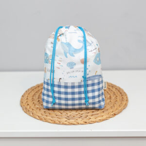 Saquito de muda artesanal para bebé con estampado de submarinos y ballenas, hecho a mano