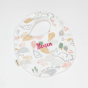 Babero artesanal bebé Elefantes hecho a mano en algodón con estampado de elefantitos